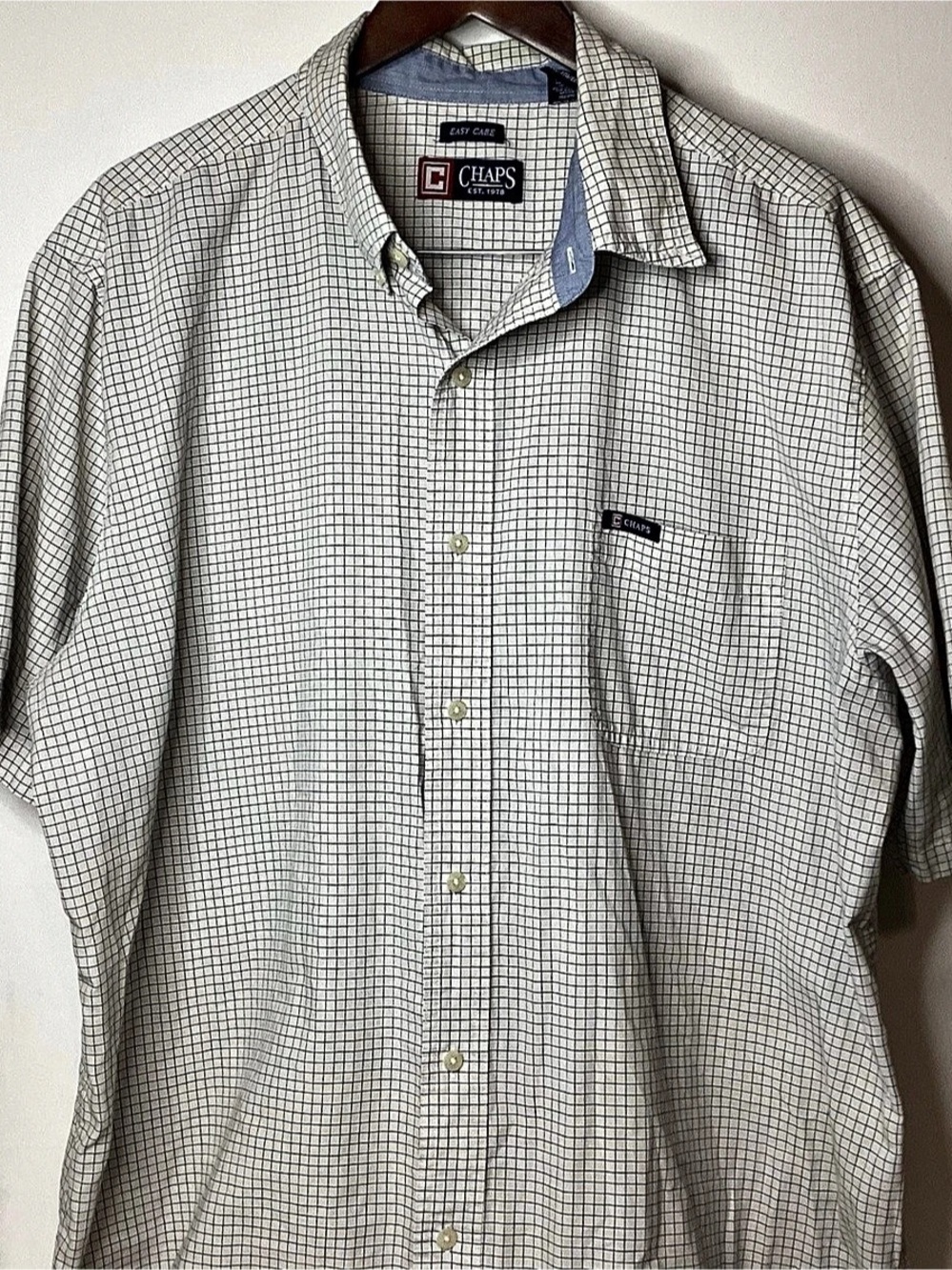 Chaps Easy Care Short Sleeve Grid Check Button-Down Shirt White & Black Large